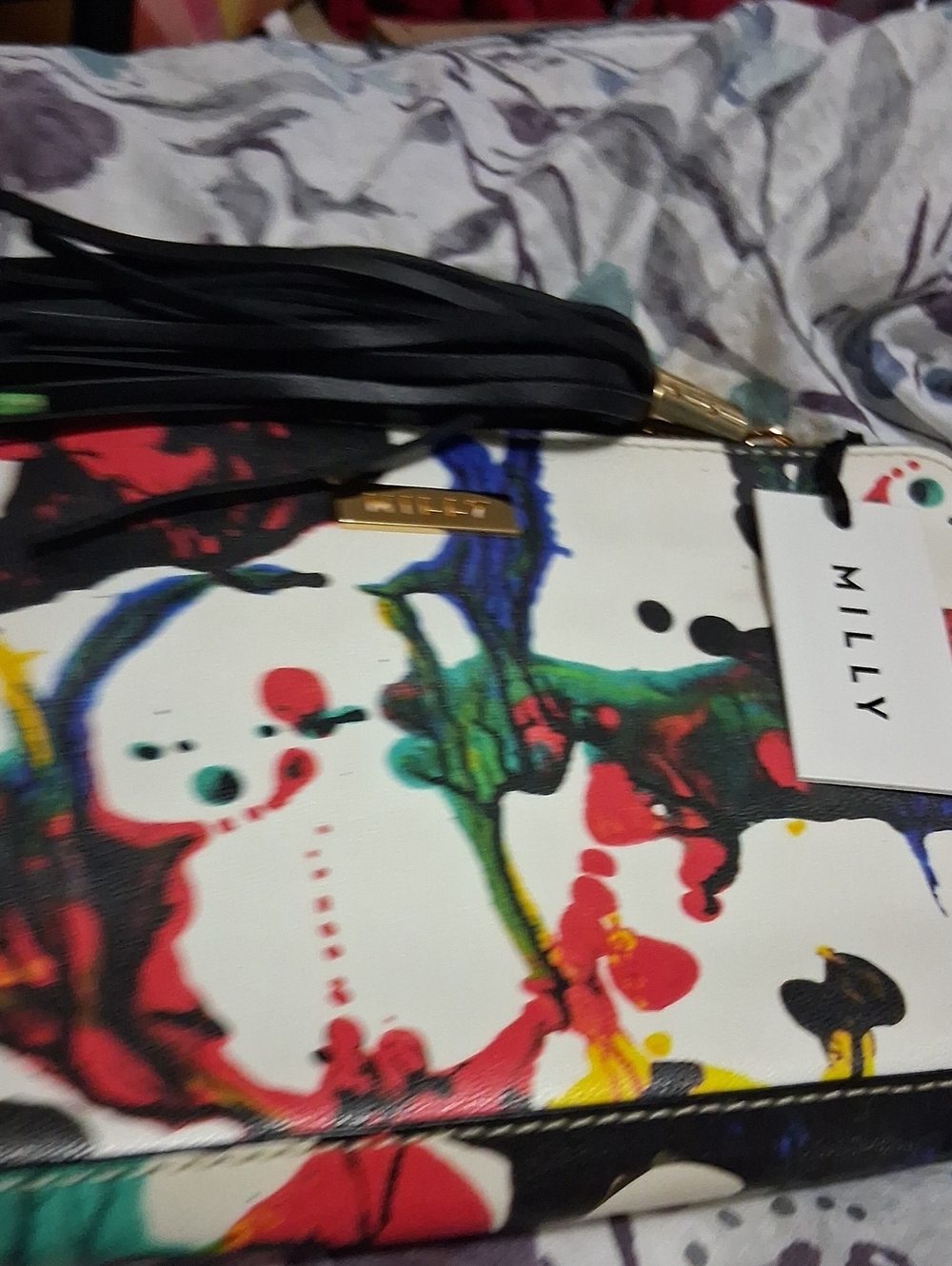 Milly White Multicolor Paint-Splash Leather Clutch with Black Tassel